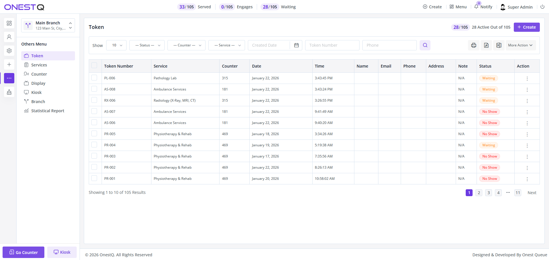 Token management screen